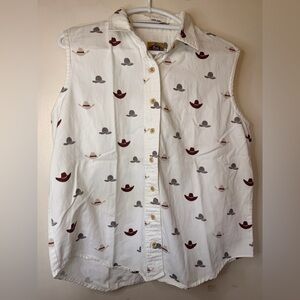 Barn Fly Western Cowboy Hat Print Sleeveless Button Up Shirt Made in USA Size L